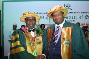 NSE President, Engr. Adekunle Mokuolu (left) congratulating Engr. Farouk Umar on his investiture as Fellow, NSE.