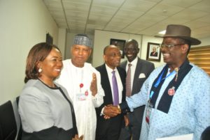 SENATE,  4,6,5,  L-R,  Acting Director General, Securities and Exchange Commission Ms Mary Uduk, Member, Senate Committee on Capital Market Sen Shaaba Lafiaji, SEC, Acting Executive Commissioner Cooperate Services Mr Henry Roland, Acting Executive Commissioner, Operations SEC Mr Isiaku Tilde and Deputy Chairman, Senate Committee on Capital Market Sen Foster Ogola during the  Senate Committee on Capital Market Oversights Visit to SEC in Abuja yesterday 