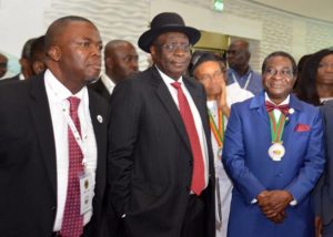 L-R: Exploration Manager, Shell Nigeria, Dan Agbaire; Special Adviser on Fiscal Strategy to the Minister of State for Petroleum Resources, Tim Okon; and the outgoing President, Nigerian Association of Petroleum Explorationists (NAPE), Andrew Ejayeriese,  during an inspection of the exhibition booth of Shell Companies in Nigeria at the opening ceremony of the 2018 edition of the annual conference and exhibition of NAPE in Lagos …on Tuesday