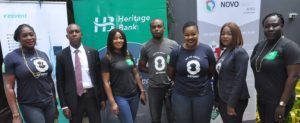 L-R: Head of Corresponded Banking Relationship Managers of Heritage bank, Hope Osuya, Patrick Antonyei, Oghogho Ihanle, Martins Ekong, Kekelomo Banji, Olushola Ipirmoroti and Folashade Damisa at the opeining ceremony of the Africamed bio technology Nigeria limited October event resvent exhibition sponsored by Heritage Bank in Lon recently, photo by Heritage bank