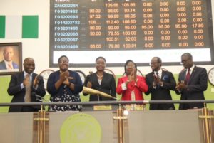 L-R: Kolawole Ayeye, CEO GDL; Tinuade Awe, Executive Director, Regulations, NSE; Dr Nadu Denloye, Chairman, GDL; Rev. Christiana Bamidele George, Director, GDL; Bayo Omole, Legal Counsel to GDL; Peter Shodipo, Group Head Risk Management and Compliance, GDL, at the listing of GDL Money Market Fund at The Exchange in Lagos.