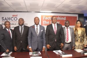 L – R shows Alhaji Rasheed Yussuf, Doyen of Stockbrokers; Tony Ibeziako, Acting Head, Listing Business Division, The Nigerian Stock Exchange (NSE); Oscar N. Onyema, OON, Chief Executive Officer, NSE; Olaniyi Adigun, Executive Director Sales & Marketing Skyway Aviation Handling Company Plc; Rotimi Omotoso, Head of Finance, SAHCO Plc and Boma Ukwunna, Executive Director, SAHCO Plc during the Facts Behind the Offer presentation to capital market stakeholders at the Exchange yesterday in Lagos.