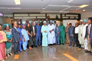 1. The Managing Director, Nigerian Ports Authority (NPA), Hadiza Bala Usman (Middle) surrounded by retired General Managers (GM) and Assistant General Managers (AGM), to her right are the Executive Directors, Marine & Operations, Dr. Sokonte Davies, Finance & Admin. Mohammed Bello-Koko and to her left is the Chairman, NPA Board of Directors, Emmanuel Olajide Adesoye who led other Board Members and next to him is the Executive Director, Engineering & Tech. Services. Prof. Idris Abubakar during the Commendation Dinner for retired GMs and AGMs in Lagos last weekend.
