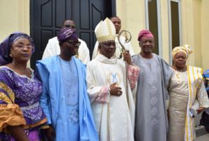 From left, President, Catholic Media Practitioners Association of Nigeria (CAMPAN), Lagos Archdiocese, Lagos, Lady Neta Nwosu;  Lagos APC Gubernatorial Candidate; Babajide Sanwo - Olu, , Catholic Archbishop of Lagos; Most. Reverend. (Dr.) Alfred Adewale Martins; Lagos PDP Gubernatorial candidate; Jimi Agbaje and CAMPAN Patron, Dame Marie Fatayi - Willaims during the 52nd World Peace Day held at Holy Cross Cathedral  on Tuesday in Lagos.