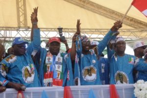 PIX 6381: Lagos State Governor, Mr. Akinwunmi Ambode (2nd left); All Progressives Congress (APC) Governorship Candidate in Lagos, Mr, Babajide Sanwo-Olu (2nd right); his running mate, Dr. Obafemi Hamzat (right) and Chairman, APC Lagos, Alhaji Tunde Balogun (left) during the Flag Off Campaign of the Lagos APC at the Skypower Ground, G.R.A, Ikeja, on Tuesday, January 8, 2019.