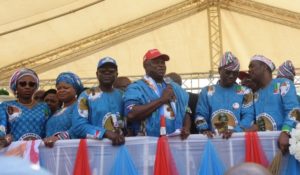 PIX 6446: Lagos State Governor, Mr. Akinwunmi Ambode (3rd right); All Progressives Congress (APC) Governorship Candidate in Lagos, Mr, Babajide Sanwo-Olu (2nd right); his running mate, Dr. Obafemi Hamzat (right); wife of the Governor, Mrs. Bolanle Ambode (left); Senior Special Assistant to the President on Sustainable Development Goals, Mrs. Adejoke Orelope-Adefulire (2nd left); Chairman, APC Lagos, Alhaji Tunde Balogun (3rd left) during the Flag Off Campaign of the Lagos APC at the Skypower Ground, G.R.A, Ikeja, on Tuesday, January 8, 2019.