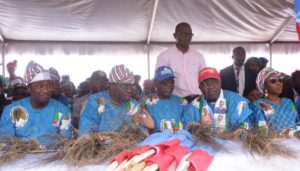 PIX 6200: Lagos State Governor, Mr. Akinwunmi Ambode (2nd right); his wife, Bolanle (right); Chairman, All Progressives Congress (APC) Lagos, Alhaji Tunde Balogun (middle); APC Governorship Candidate in Lagos, Mr, Babajide Sanwo-Olu (2nd left) and his running mate, Dr. Obafemi Hamzat (left) during the Flag Off Campaign of the Lagos APC at the Skypower Ground, G.R.A, Ikeja, on Tuesday, January 8, 2019.