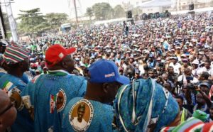 PIX 2442: Lagos State Governor, Mr. Akinwunmi Ambode (middle), addressing party faithful, flanked by the Chairman, All Progressives Congress (APC) Lagos, Alhaji Tunde Balogun (right) and APC Governorship Candidate in Lagos, Mr, Babajide Sanwo-Olu (left) during the Flag Off Campaign of the Lagos APC at the Skypower Ground, G.R.A, Ikeja, on Tuesday, January 8, 2019.