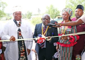1. The Representative of the Managing Director, Nigerian Ports Authority (NPA), the General Manager, Corporate and Strategic Communications, Engr. Adams Jatto (Middle), the Obong of Calabar, His Eminence EdidemEkpo Abasi Otu V (KSM) (left) and Port Manager, Calabar Port, Olufunmilayo Olotu (right) during the event.
