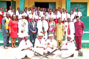 2. The Representative of the Managing Director, Nigerian Ports Authority (NPA), the General Manager, Corporate and Strategic Communications, Engr. Adams Jatto (Standing 4th from left), the Obong of Calabar, His Eminence Edidem Ekpo Abasi Otu V (KSM) (Standing 5th from left) and Port Manager, Calabar Port, Olufunmilayo Olotu (Standing 6th from left) and Students of the School during the event.