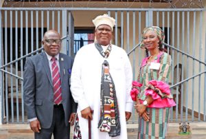 3. L-R: The Representative of the Managing Director, Nigerian Ports Authority (NPA), the General Manager, Corporate and Strategic Communications, Engr. Adams Jatto, the Obong of Calabar, His Eminence Edidem EkpoAbasi Otu V (KSM) and Port Manager, Calalbar Port, Olufunmilayo Olotuduring a courtesy call to the Obong of Calabar in his Palace in Calabar, Cross River State.