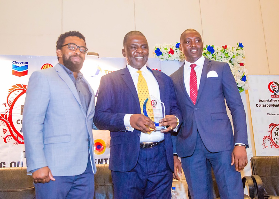 Caption: Left to Right: Energy Editor of ChannelsTV, Mr. Olu Philips; Group General Manager of the Nigerian National Petroleum Corporation (NNPC), Mr. Ndu Ughamadu, MFR and Mr. Olatunde Dodondawa, Chairman, Nigerian Association of Energy Correspondents (NAEC) during presentation of NAEC AWARD EXCELLENCE to Ughamadu in Lagos recently.