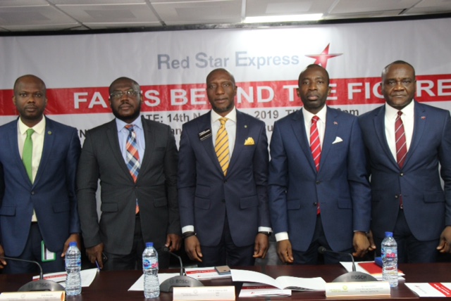 L – R shows Godstime Iwenekhai, Head, Listing Regulation, The Nigerian Stock Exchange (NSE); Tony Ibeziako, Head, Primary Markets, NSE; Oscar N. Onyema, OON, Chief Executive Officer, NSE; Dr. Sola Obabori, Group Managing Director/CEO, Red Star Express Plc and Victor Ukwat, Executive Director, Sales & Marketing, Red Star Express Plc during the Facts Behind the Figures presentation at the Exchange today in Lagos