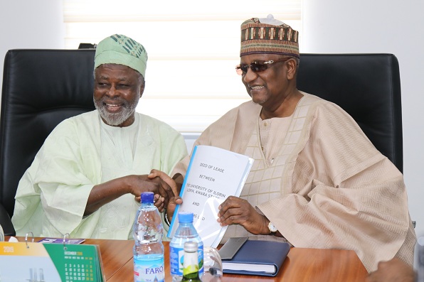 R - L: Chairman, OER Farms Ltd, Alhaji (Dr) Muhammadu Indimi, OFR and Vice-Chancellor, University of Ilorin (Unilorin), Prof. Sulyman Age Abdulkareem, at the signing ceremony of a 21-year Land Lease Agreement for a 10,000-hectare agricultural project on Thursday, 5 December 2019 in Maiduguri.