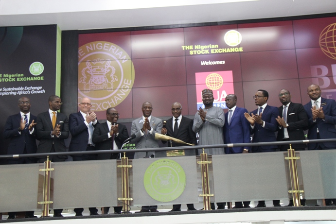  L – R shows Bola Adeeko, Head, Shared Services Division, The Nigerian Stock Exchange (NSE); Dalu Ajene, Deputy Chief Executive Officer (DCEO), Rand Merchant Bank; Finn Arnoldsen, Chief Operating Officer (COO), BUA Cement Plc; Chimaobi Madukwe, COO, BUA Group; Oscar N. Onyema, OON, Chief Executive Officer (CEO), NSE; Yusuf Haliru Binji, Managing Director/CEO, BUA Cement Plc; Kabiru Rabiu, Group Executive Director, BUA Group; Ahmed Aliyu, Company Secretary, BUA Cement Plc; Otega Ogra, Group Head, Corporate Communications, BUA Group; Gbolahan Oluwasegun, Corporate Finance, BUA Group; and Olumide Bolumole, Head, Listings Business Division, NSE at the closing gong ceremony to commemorate the listing of BUA Cement Plc on The Exchange in Lagos on Thursday, 9 January 2020.
