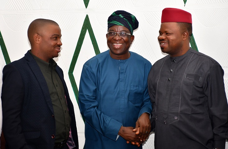 Deputy Governor of Oyo State, Engr Rauf Olaniyan (middle); National President, Nigeria Union of Journalist, Chief Chris Isiguzo (right) and Oyo State Chairman of the Union, Mr Demola Babalola during courtesy visit to Governor's Office Secretariat, Ibadan by the Union National EXCO. PHOTO: Oyo State Government.