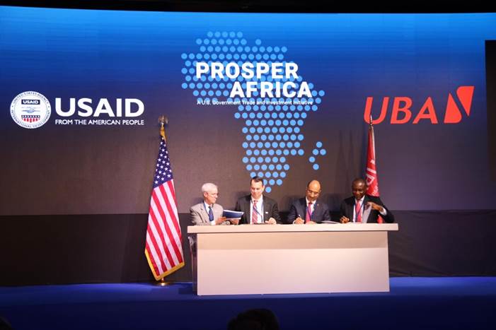 Assistant Administrator of the U.S. Agency for International Development’s(USAID) Middle East Bureau, Michael T. Harvey, Acting Assistant Administrator in the Bureau for Africa at the U.S. Agency for International Development,(USAID) Christopher Maloney, E.D Treasury & International Banking UBA, Abdoul-Aziz Dia, Group Head, Consumer & Retail Banking, UBA Jude Anele during the signing of the memorandum of understanding to advance trade and investment goals of Prosper Africa, held in Tunisia on Thursday