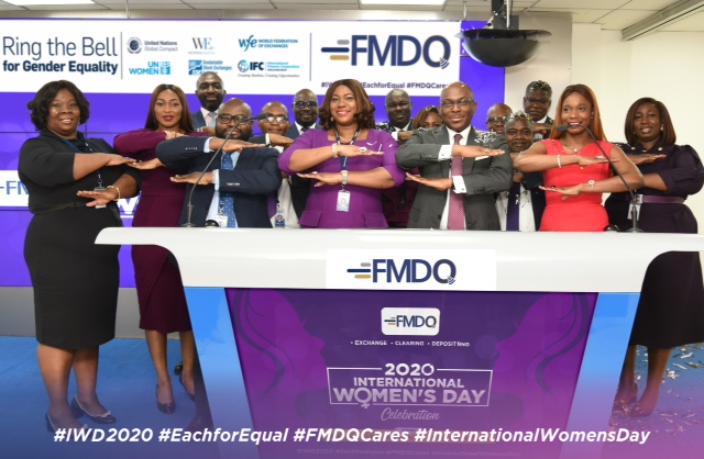 Mr.  Bola Onadele. Koko, Chief Executive Officer, FMDQ Group flanked by Ms. Kaodi Ugoji, Group Chief Operating Officer, FMDQ Group on the left; Mr. Ayodele Onawunmi, Ag. Managing Director, FMDQ Clear Limited on the far left and Ms. Tumi Sekoni, Managing Director, FMDQ Securities Exchange Limited on the right during the FMDQ “Ring the Bell for Gender Equality” Ceremony.