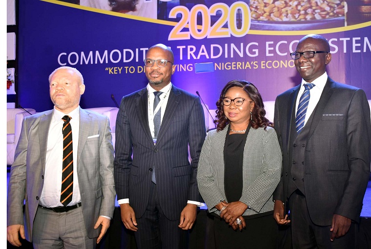 L-R, Head, Shares Services, Nigerian Stock Exchange Mr Bola Adeeko, Acting Director General SEC Ms Mary Uduk and Acting, Executive Commissioner Operations, SEC Mr Isyaku Tilde during the during the International Conference on Nigerian Commodities Market in Abuja, Tuesday