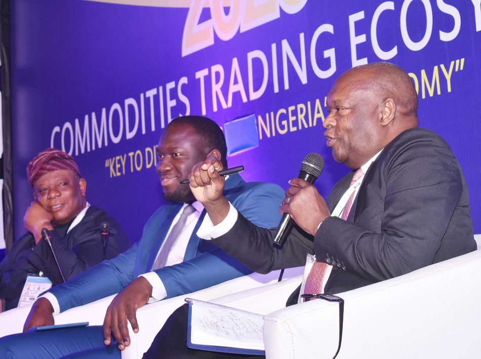CEO Nigerian Economic Summit Group Mr Laoye Jaiyeola, Acting Director General SEC Ms Mary Uduk and Managing Partner, Trans Sahara Investment Corporation Mr Kyari Abba Bukar during the during the International Conference on Nigerian Commodities Market in Abuja, Tuesday