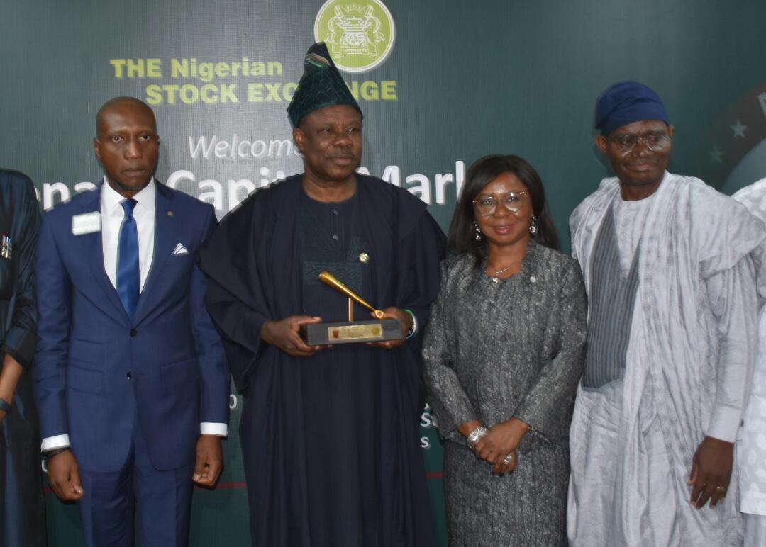 L - R shows : CEO Nigerian Stock Exchange, Mr. Oscar Onyema, Chairman, Senate Committee on Capital Markets, Senator Ibikunle Amosun ;Ag. Director-General, Securities; Exchange Commission); Ms. Mary Uduk; and Vice Chairman, Senate Committee on Capital Markets, Senator Binos Yaroe Dauda during the Senate Committee's Visit to NSE in Lagos
