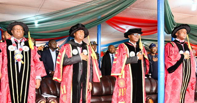 L-R: Rector, Lagos State Polytechnic, Mr. Samuel Sogunro; Lagos State Deputy Governor, Dr. Obafemi Hamzat; Mrs. Adeola Rotinwa; Honorary Fellowship LASPOTECH (FLSP), Mr. Babatunde Rotinwa; Governor Babajide Sanwo-Olu and Special Adviser to the Governor on Education, Mr. Tokunbo Wahab during the 27th Convocation and Award Ceremony of Lagos State Polytechnic at the Convocation Ground, Ikorodu Campus, Lagos, on Thursday, March 12, 2020.