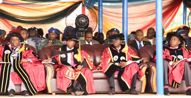 L-R: Rector, Lagos State Polytechnic, Mr. Samuel Sogunro; Lagos State Deputy Governor, Dr. Obafemi Hamzat; Governor Babajide Sanwo-Olu and Special Adviser to the Governor on Education, Mr. Tokunbo Wahab during the 27th Convocation and Award Ceremony of Lagos State Polytechnic at the Convocation Ground, Ikorodu Campus, Lagos, on Thursday, March 12, 2020.