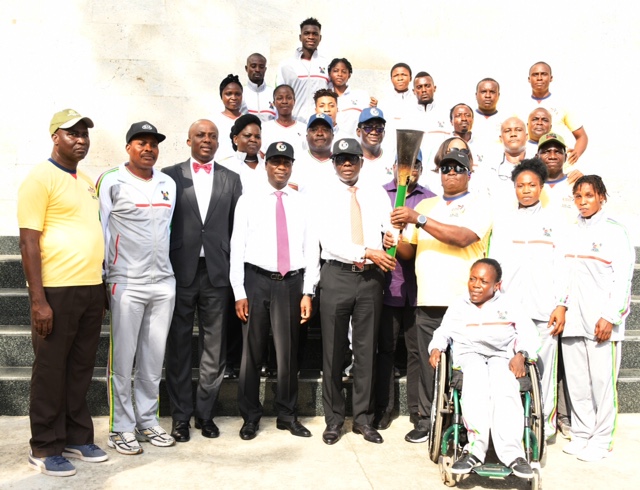 L-R: Lagos State Governor, Mr. Babajide Sanwo-Olu (4th right), being presented the Unity Torch by representative of Minister of Youth and Sport and Co-ordinator, South West Zone 1, Mr. Femi Ajao (3rd right) during the presentation of the National Sport Festival “Edo 2020” Unity Torch to the Governor, at Lagos House, Alausa, Ikeja, on Thursday, March 12, 2020. With them: Lagos State Deputy Governor, Dr. Obafemi Hamzat (4th left); Special Adviser to the Governor on Education, Mr. Tokunbo Wahab (3rd left) and others.