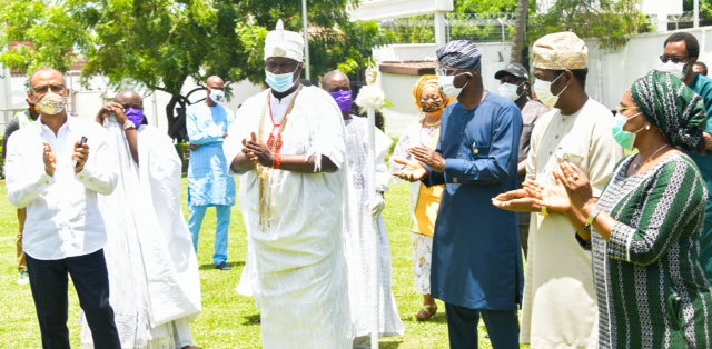 L-R: Ooni of Ife, Oba Adeyeye Enitan Ogunwusi, Ojaja II; Lagos State Governor, Mr. Babajide Sanwo-Olu; Deputy Governor, Dr. Obafemi Hamzat and Secretary to the State Government, Mrs. Folashade Jaji, during the donation of Motorized Modular Fumigators to the Lagos State Government by the Ooni of Ife, to fight against the COVID-19 pandemic in the State, at Lagos House, Marina, on Tuesday, April 28, 2020.