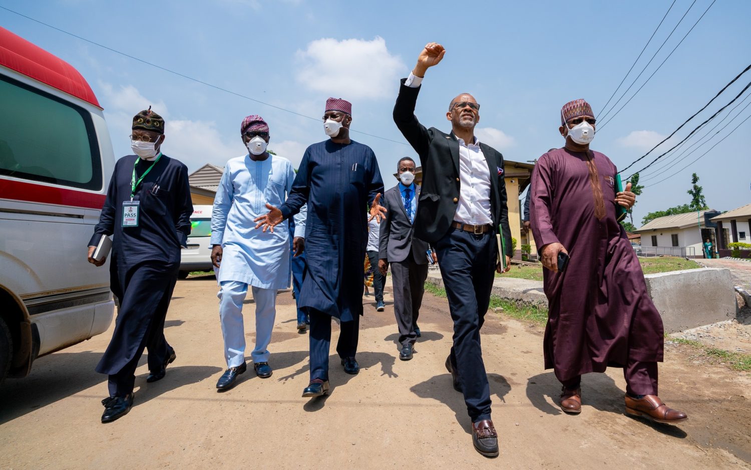 L-R: Minister of Information and Culture, Alhaji Lai Mohammed; Lagos State Governor, Mr. Babajide Sanwo-Olu; Chairman of the Presidential Task Force on COVID-19 and Secretary to the Government Federation, Mr. Boss Mustapha; Commissioner for Health, Prof. Akin Abayomi and Minister of Health, Dr. Osagie Ehanire, during an inspection of Isolation Centres in Lagos, on Tuesday, April 7, 2020.