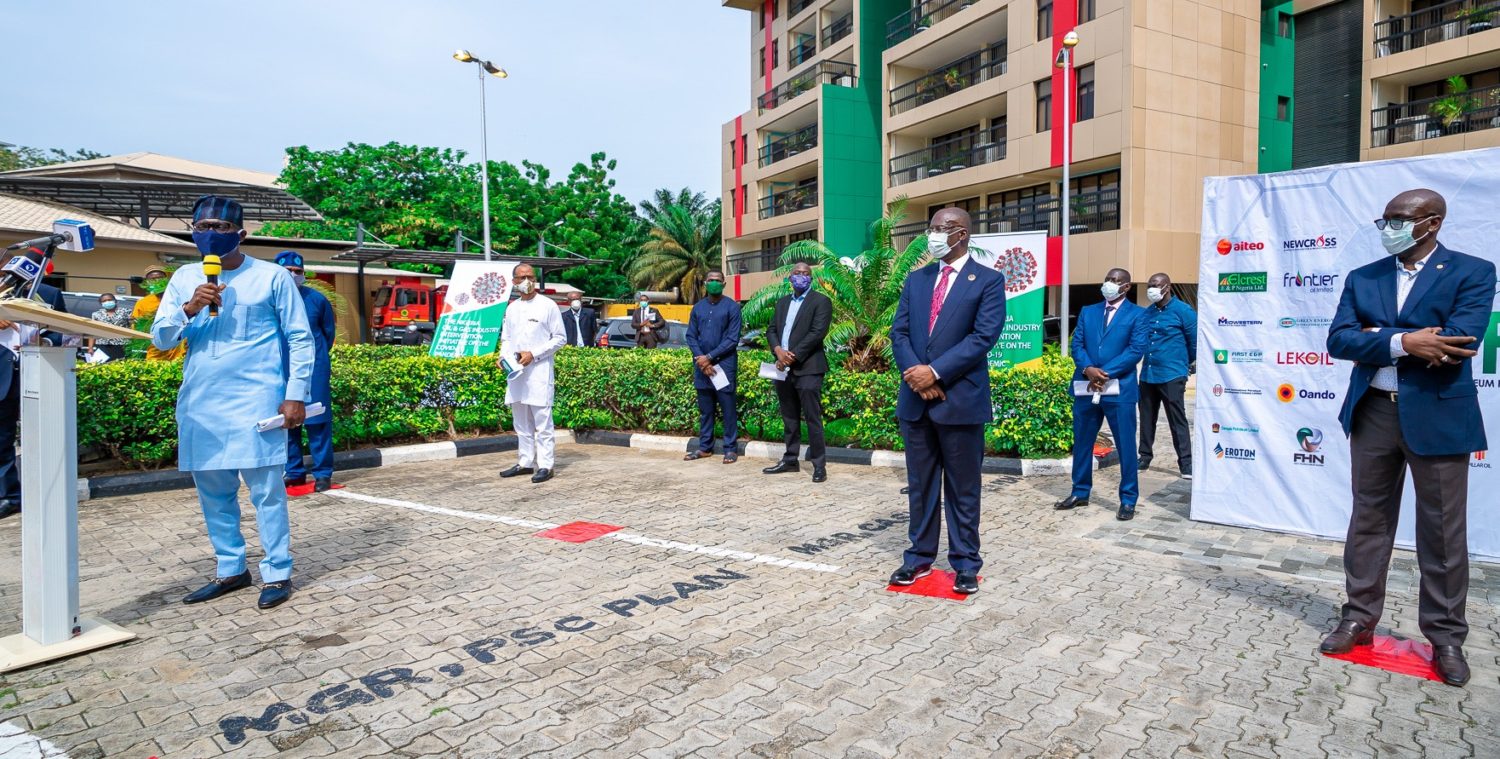 L-R: Lagos State Governor, Mr. Babajide Sanwo-Olu, making his remarks, Minister of State for Health, Dr. Olorunimbe Mamora; Commissioner for Health, Prof. Akin Abayomi; Minister of State for Petroleum Resources, Mr. Timipre Sylva and Group Managing Director, NNPC, Mr. Mele Kyari, during NNPC/IPPG donation of Six Ambulances; Sanitizers; Face masks and other safety equipment to the South West States as part of efforts to contain the COVID-19 pandemic, at NAPIMS Office, Ikoyi, Lagos, on Thursday, April 23, 2020.