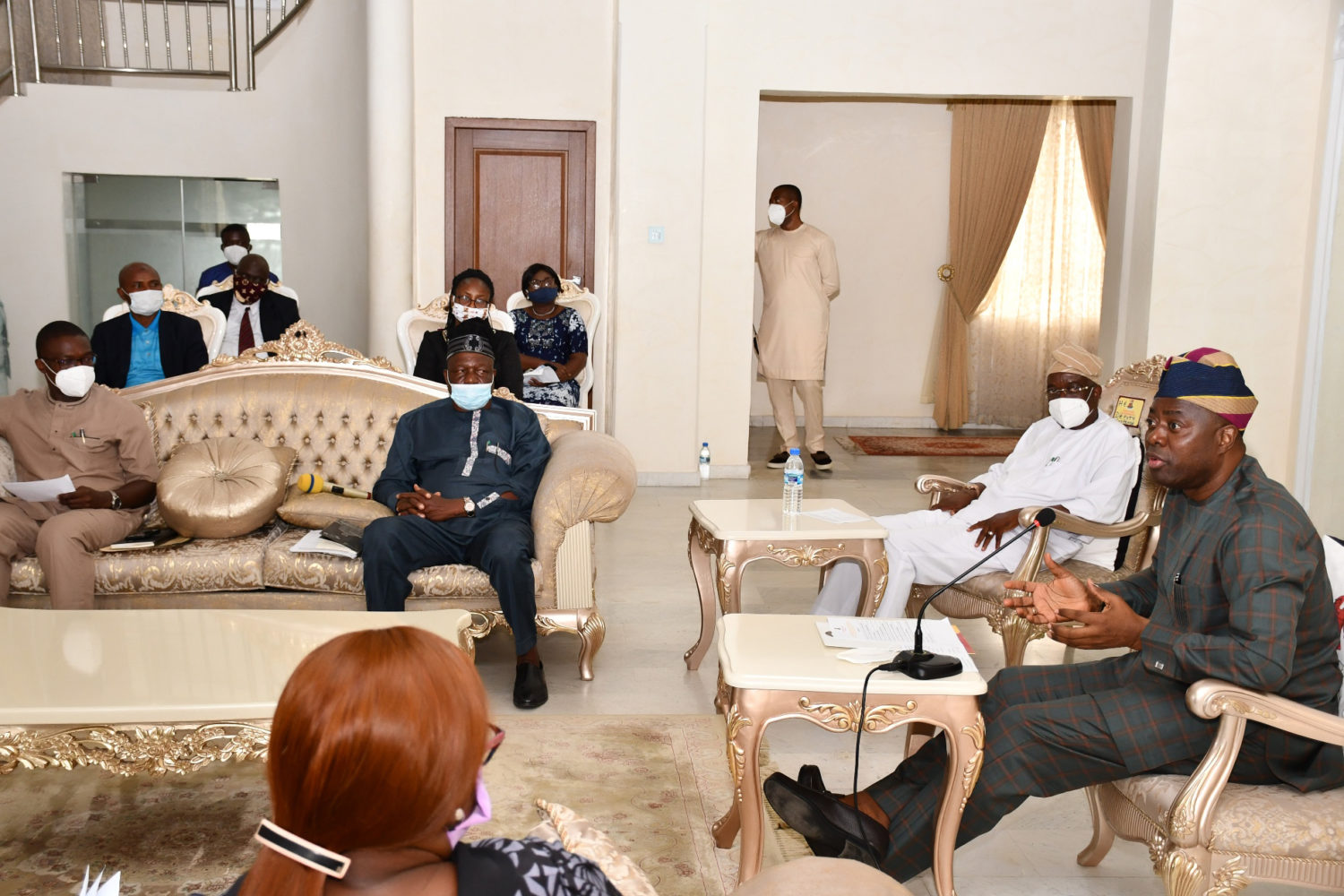 From right, Oyo State Governor, Engr Seyi Makinde; his deputy, Engr Rauf Olaniyan; Commissioner for Agricultural and Rural Development, Mr Muyiwa Ojekunle; Executive Adviser to the governor on Agric Business, Dr Debo Akande and others during the Inauguration of Monitoring and Technical Committee on Rural Access and Agricultural Marketing Project (RAAMP) held at Government House, Ibadan. PHOTO: Oyo State Government.
