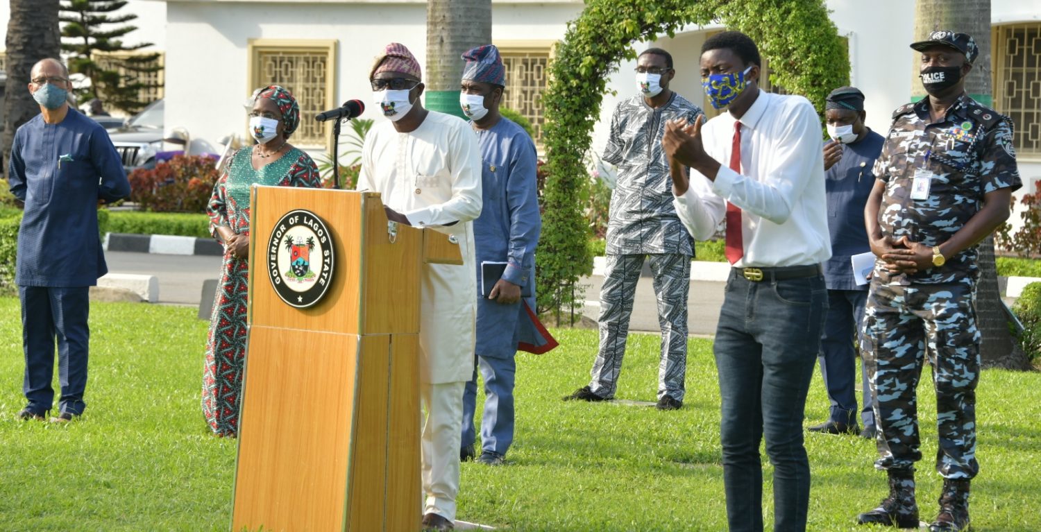 L-R: Lagos State Commissioner for Health, Prof. Akin Abayomi; Secretary to the State Government, Mrs. Folasade Jaji; Deputy Governor, Dr. Obafemi Hamzat; Governor Babajide Sanwo-Olu; Commissioner of Police, Lagos Command, Mr. Hanakeem Odumosu during a media briefing on Covid-19 update after the State Security Council meeting, at the Lagos House, Marina, on Sunday, May 17, 2020. Behind are Commissioner for Transportation, Dr. Federic Oladeinde and his counterpart for Information and Strategy, Mr. Gbenga Omotoso.