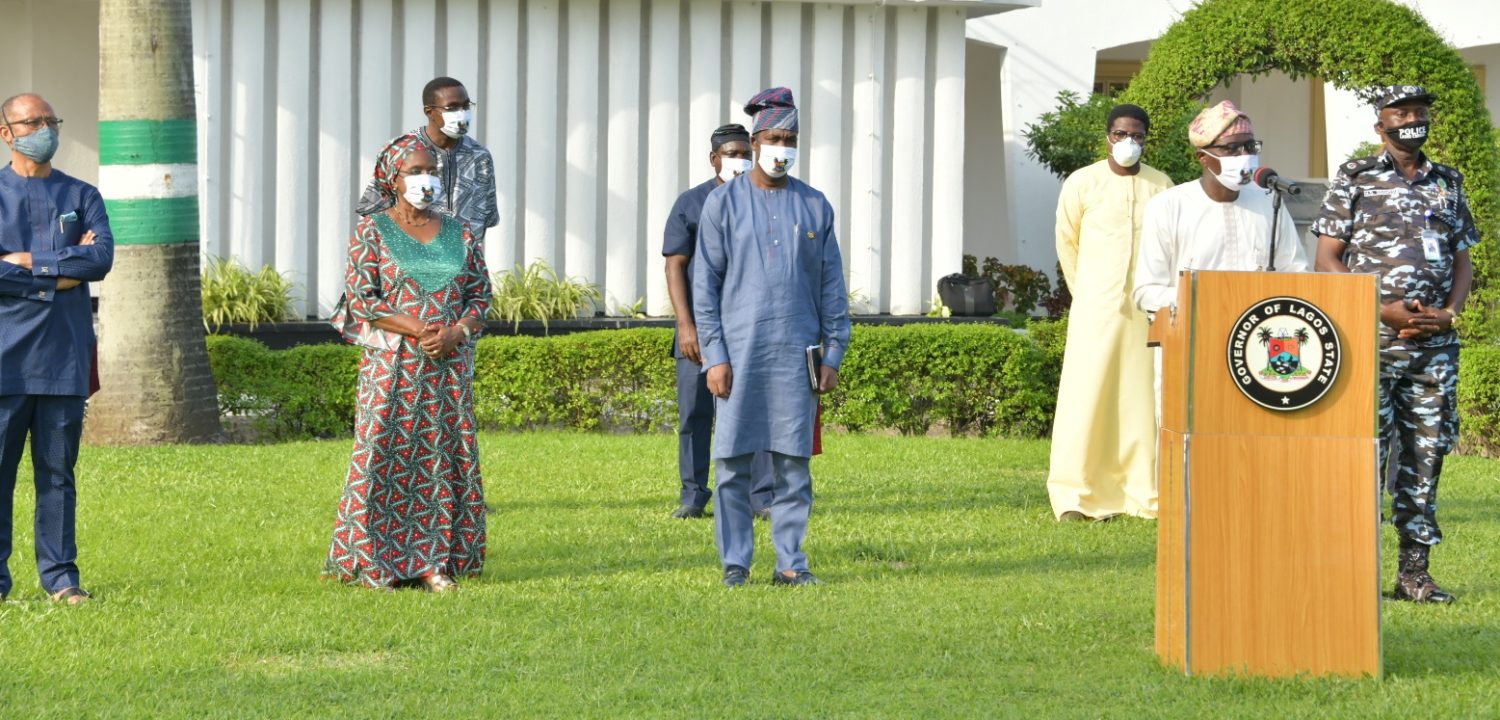 Lagos State Governor, Mr. Babajide Sanwo-Olu (middle), addressing the media; Deputy Governor, Dr. Obafemi Hamzat (left); Commissioner of Police, Lagos Command, Mr. Hakeem Odumosu (right) and Head of Service, Mr. Hakeem Muri-Okunola (behind) during a media briefing on Covid-19 update after the State Security Council meeting, at the Lagos House, Marina, on Sunday, May 17, 2020.