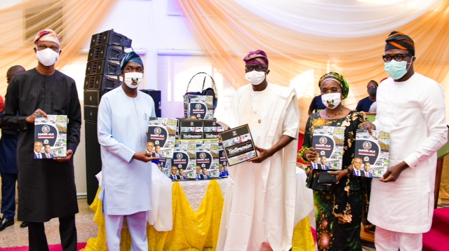 L-R: Lagos State Deputy Governor, Dr. Obafemi Hamzat; Chief Press Secretary to the Governor, Mr. Gboyega Akosile; Governor Babajide Sanwo-Olu; Secretary to the State Government, Mrs. Folasade Jaji and Chief of Staff to the Governor, Mr. Tayo Ayinde during the public presentation of two books  -Towards a Greater Lagos and Testimonies: Indisputable Proofs of Dividends of Democracy, as part of activities to commemorate the First Year in Office of the Sanwo-Olu’s administration, at Lagos House, Marina, on Friday, May 29, 2020.