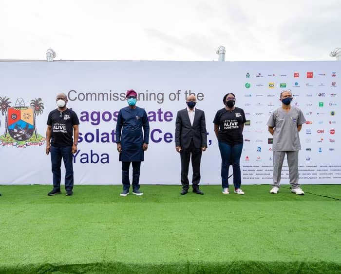L- R: Group Managing Director, Access Bank, Mr. Herbert Wigwe; Lagos State Governor, Mr. Babajide Sanwo; CBN Governor, Mr. Godwin Emefiele;  representative of Aliko Dangote, MD/CEO Aliko Dangote Foundation, Mrs. Zouera Youssofou and State Commissioner for Health, Prof. Akin Ababyomi during the commissioning of Isolation Centre Yaba II, donated by CACOVID, on Sunday, June 28, 2020.