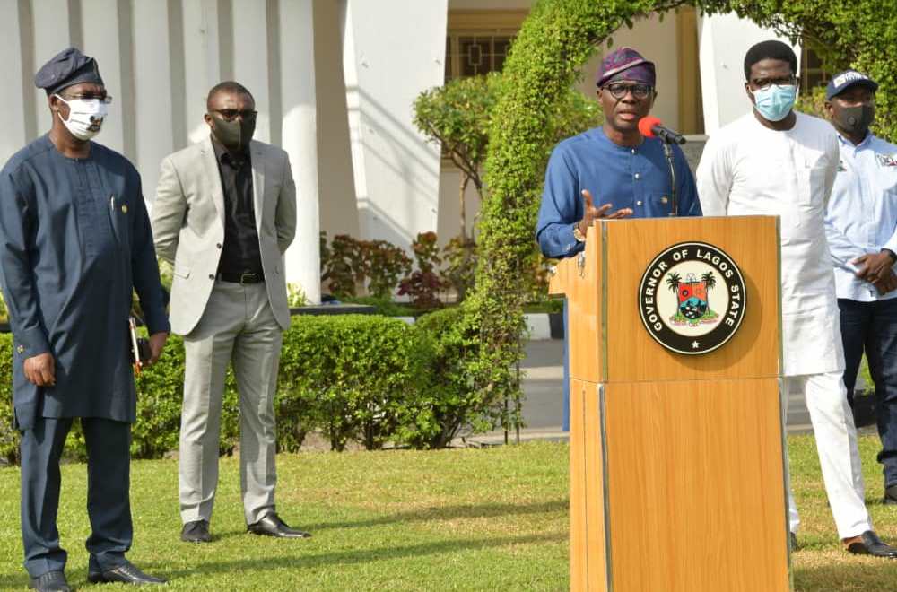 L-R: Lagos State Deputy Governor, Dr. Obafemi Hamzat; Commissioner for Finance, Dr. Rabiu Olowo; Governor Babajide Sanwo-Olu and the Head of Service, Mr. Hakeem Muri-Okunola, during a press briefing on the State’s guidelines and protocols for the second phase of the gradual easing of C0VID-19 lockdown, at Lagos House, Marina, on Thursday, June 4, 2020.