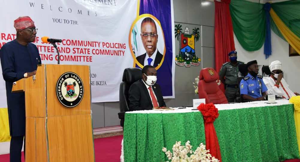L-R: Lagos State Governor, Mr. Babajide Sanwo-Olu, addressing Heads of Security Agencies, stakeholders and other guests during the inauguration of State Community Policing Advisory Committee (SCPAC) and the State Community Policing Committee (SCPC) at Lagos House, Alausa, Ikeja, on Wednesday, June 3, 2020. With him: Deputy Governor, Dr. Obafemi Hamzat; Assistant Inspector General of Police (AIG), Training & Development, Force Headquarters, Mr. David Folawiyo and Oba of Lagos & Co-Chairman of SCPAC, Oba Rilwan Akiolu I.