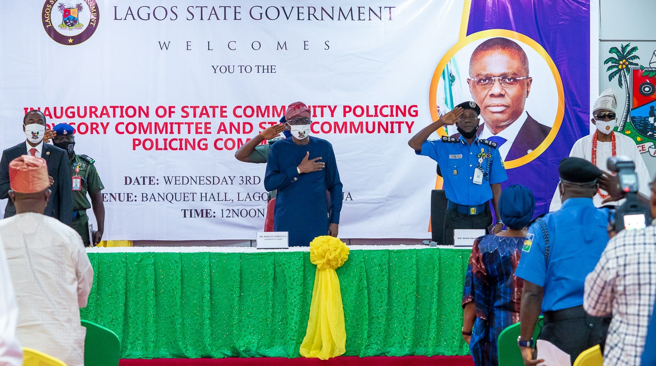 L-R:  Lagos State Deputy Governor, Dr. Obafemi Hamzat; Governor Babajide Sanwo-Olu; Assistant Inspector General of Police (AIG), Training & Development, Force Headquarters, Mr. David Folawiyo and Oba of Lagos & Co-Chairman, State Community Policing Advisory Committee (SCPAC), Oba Rilwan Akiolu I, during the inauguration of SCPAC and the State Community Policing Committee (SCPC), at Lagos House, Alausa, Ikeja, on Wednesday, June 3, 2020.