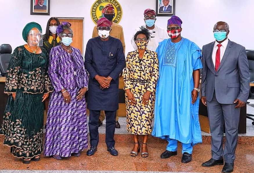 L-R: Newly appointed members of the Lagos State Audit Service Commission, Commissioner IV, Mrs. Kafilat Adetola Ogbara; Commissioner I, Mrs. Jokotola Ojosipe-Ogundimu; Governor Babajide Sanwo-Olu; Chairman of the Commission, Mrs. Oluwatoyin Adegbuji-Onikoyi; Commissioner II, Mr. Emmanuel Sunday Kappo and Commissioner III, Mr. Jimoh Akanbi Ibrahim, during the swearing-in ceremony of the Commission, at the EXCO chamber, Lagos House, Alausa, Ikeja, on Tuesday, July 28, 2020.