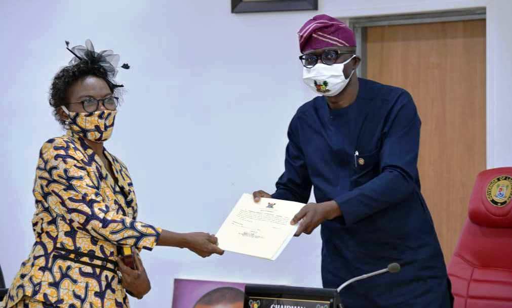 L-R: Newly appointed members of the State’s Audit Service Commission, Commissioner I, Mrs. Jokotola Ojosipe-Ogundimu; Commissioner IV, Mrs. Kafilat Adetola Ogbara; Commissioner III, Mr. Jimoh Akanbi Ibrahim; Commissioner II, Mr. Emmanuel Sunday Kappo and the Chairman, Mrs. Oluwatoyin Adegbuji-Onikoyi, during their swearing-in, presided by Governor Babajide Sanwo-Olu, at EXCO chamber, Lagos House, Alausa, Ikeja, on Tuesday, July 28, 2020.