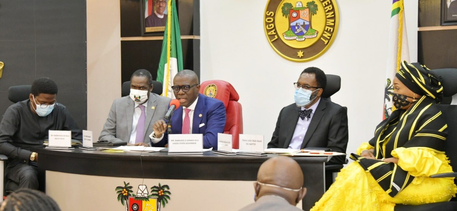 L-R: Lagos State Head of Service, Mr. Hakeem Muri-Okunola; Deputy Governor, Dr. Obafemi Hamzat; Governor Babajide Sanwo-Olu; Attorney General and Chairman, State Task Force on Human Trafficking, Mr. Moyosore Onigbanjo (SAN) and Director General, National Agency for the Prohibition of Trafficking in Persons (NAPTIP), Mrs. Julie Okah-Donli during the inauguration of the Lagos Task Force on Human Trafficking, at Lagos House, Alausa, Ikeja, on Tuesday, September 8, 2020.