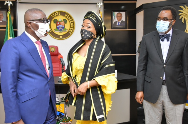 L-R: Lagos State Governor, Mr. Babajide Sanwo-Olu, Director General, National Agency for the Prohibition of Trafficking in Persons (NAPTIP), Mrs. Julie Okah-Donli and Attorney General and Chairman, State Task Force on Human Trafficking, Mr. Moyosore Onigbanjo (SAN), during the inauguration of the Lagos Task Force on Human Trafficking, at Lagos House, Alausa, Ikeja, on Tuesday, September 8, 2020.