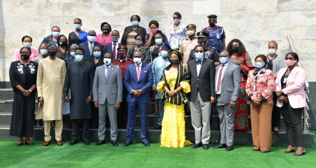 Lagos State Governor, Mr. Babajide Sanwo-Olu, flanked by the Deputy Governor, Dr. Obafemi Hamzat (left) and the Director General, National Agency for the Prohibition of Trafficking in Persons (NAPTIP), Mrs. Julie Okah-Donli (right), with members of the newly inaugurated Lagos Task Force on Human Trafficking and State Executive Council, during the inauguration, at Lagos House, Alausa, Ikeja, on Tuesday, September 8, 2020.