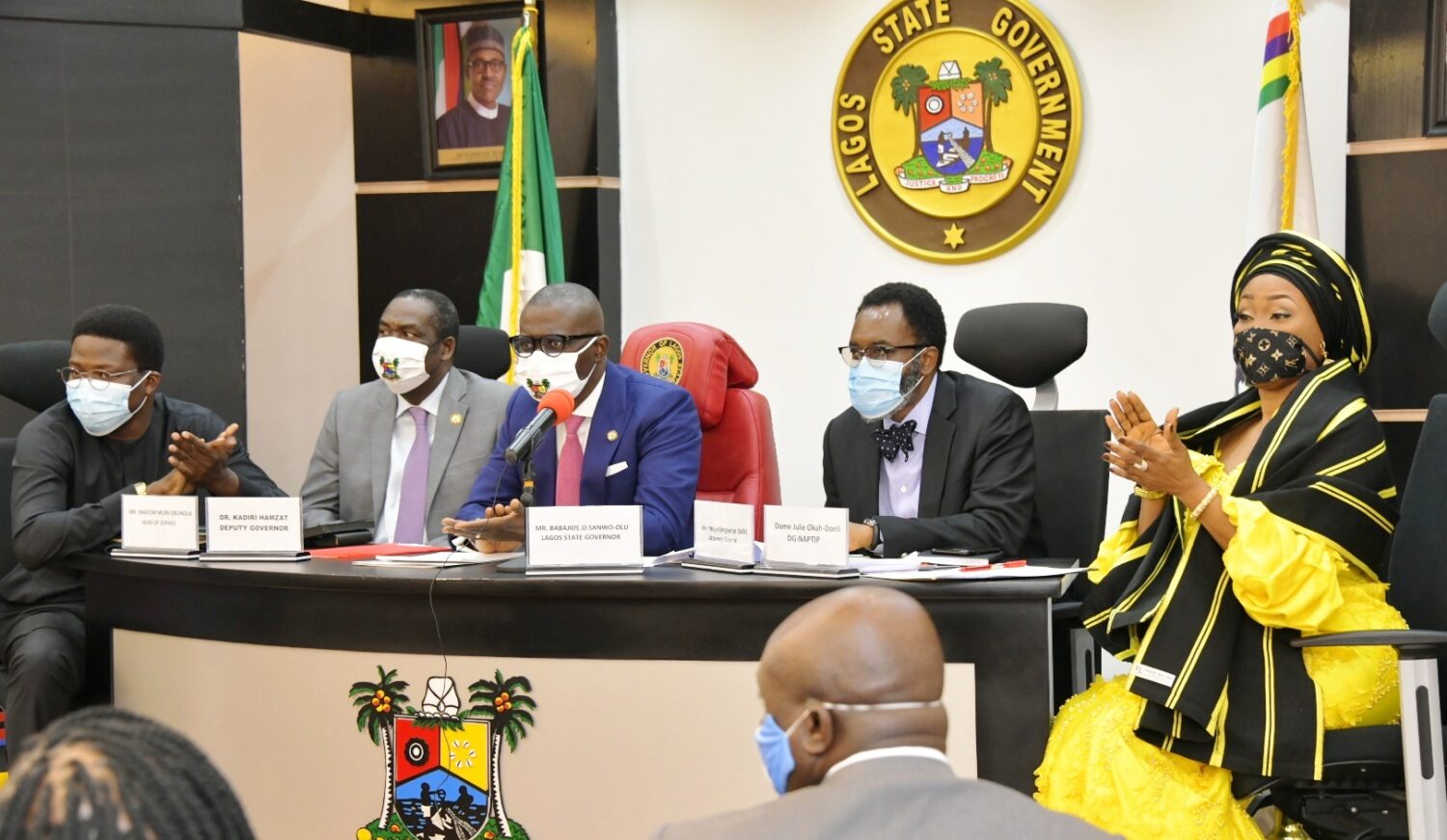 L-R: Lagos State Head of Service, Mr. Hakeem Muri-Okunola; Deputy Governor, Dr. Obafemi Hamzat; Governor Babajide Sanwo-Olu; Attorney General and Chairman, State Task Force on Human Trafficking, Mr. Moyosore Onigbanjo (SAN) and Director General, National Agency for the Prohibition of Trafficking in Persons (NAPTIP), Mrs. Julie Okah-Donli during the inauguration of the Lagos Task Force on Human Trafficking, at Lagos House, Alausa, Ikeja, on Tuesday, September 8, 2020.