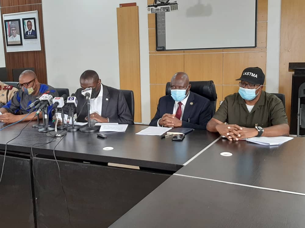 L-R: SpeL-R: Special Adviser to Lagos State Governor, Mr. Toyin Fayinka; Commissioner for Transportation, Dr. Federic Oladeinde; Permanent Secretary, Ministry of Transportation, Mr. Oluseyi Whenu and General Manager, Lagos State Traffic Management Authority (LASTMA), Mr. Olajide Oduyoye during a media briefing on traffic violations by Motorcycle (Okada) and Tricycle riders on Lagos roads, at the Bagauda Kaltho Press Centre, the Secretariat - Alausa, Ikeja, on Wednesday, November 19, 2020. cial Adviser to Lagos State Governor, Mr. Toyin Fayinka; Commissioner for Transportation, Dr. Federic Oladeinde; Permanent Secretary, Ministry of Transportation, Mr. Oluseyi Whenu and General Manager, Lagos State Traffic Management Authority (LASTMA), Mr. Olajide Oduyoye during a media briefing on traffic violations by Motorcycle (Okada) and Tricycle riders on Lagos roads, at the Bagauda Kaltho Press Centre, the Secretariat - Alausa, Ikeja, on Wednesday, November 19, 2020.