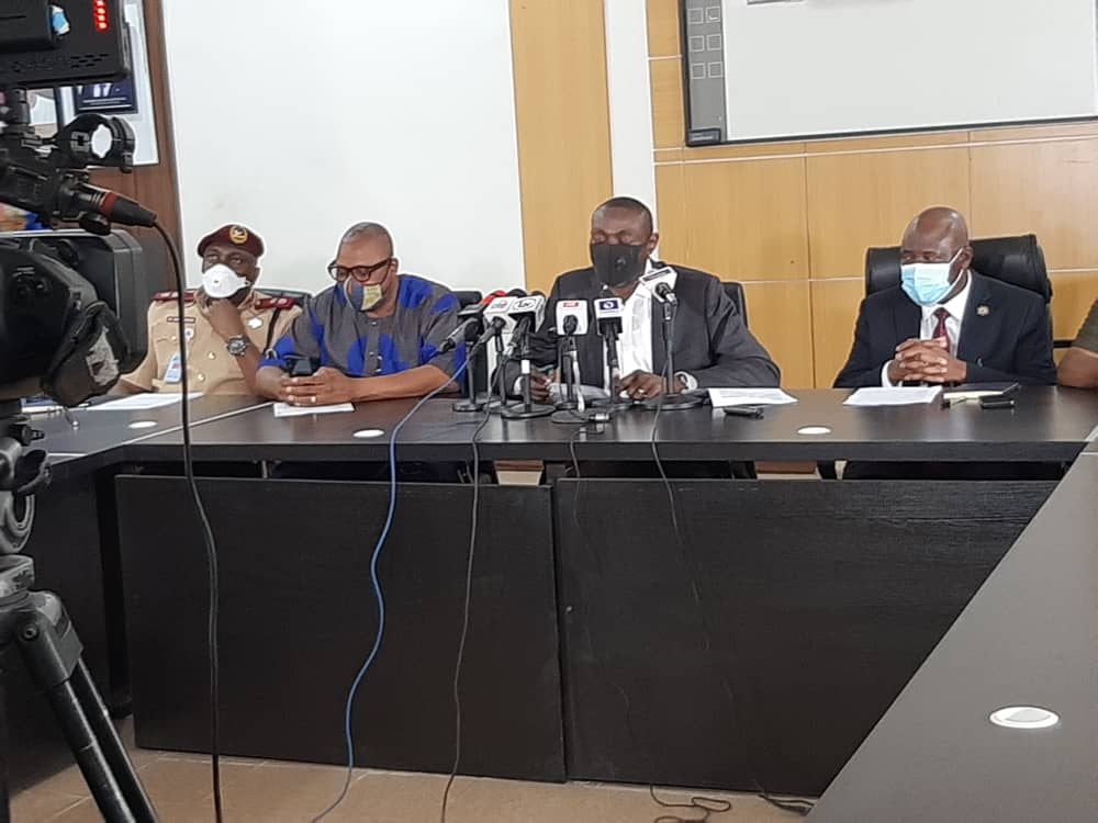 Commissioner for Transportation, Dr. Federic Oladeinde (second right) addressing journalists, Permanent Secretary, Ministry of Transportation, Mr. Oluseyi Whenu (right); Special Adviser to Lagos State Governor on Transportation, Mr. Toyin Fayinka (second left) and a FRSC official during a media briefing on traffic violations by Motorcycle (Okada) and Tricycle riders on Lagos roads, at the Bagauda Kaltho Press Centre, the Secretariat - Alausa, Ikeja, on Wednesday, November 19, 2020. 