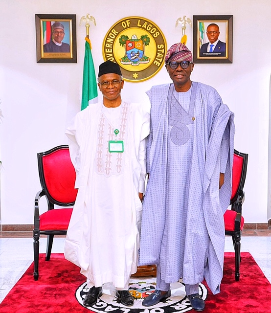 L-R: Kaduna State Governor, Mallam Nasir El-Rufai and Lagos State Governor, Mr. Babajide Sanwo-Olu during El-Rufai’s commiseration visit over the recent incident in Lagos, at the Government House, Marina, on Thursday, November 5, 2020.