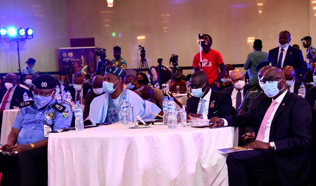 L-R: Assistant Inspector General of Police (AIG) Zone 2 Command, AIG Illiyasu Ahmed; Deputy Majority Leader, Lagos State House of Assembly, Hon. Noheem Adams; Lagos State Governor, Mr. Babajide Sanwo-Olu and Executive Secretary/CEO, Lagos State Security Trust Fund (LSSTF), Dr. Abdurrazaq Balogun, during the 14th Annual Town Hall Meeting on Security with the Governor at Civic Centre, Victoria Island, on Thursday, December 3, 2020.