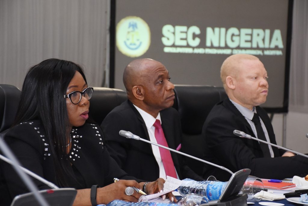 LEFT to RIGHT: Ag. Director General SEC, Ms. Mary Uduk, Ag. Executive Commissioner Corporate Services SEC, Mr. Henry Rowlands and Ag. Executive Commissioner Legal and Enforcement SEC, Mr. Reginald Karawusa during the Second Capital Market Committee (CMC) in 2018 held in Lagos, Thursday.